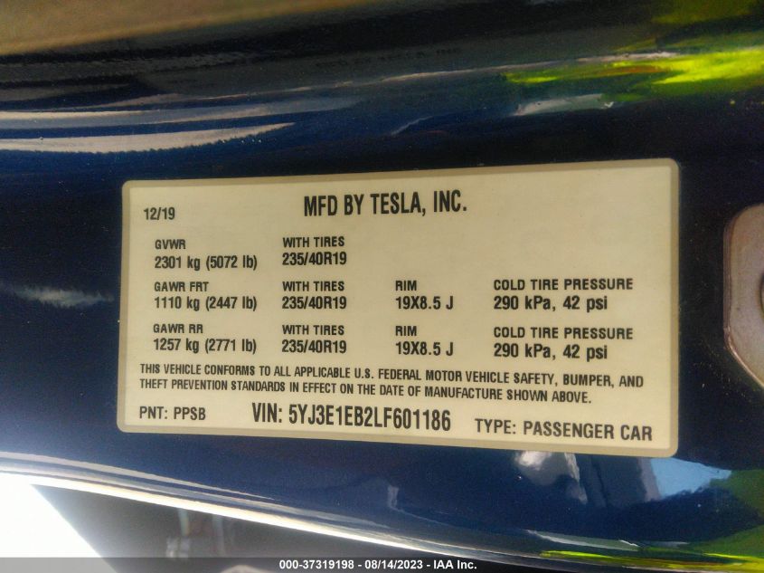 2020 TESLA MODEL 3 LONG RANGE - 5YJ3E1EB2LF601186
