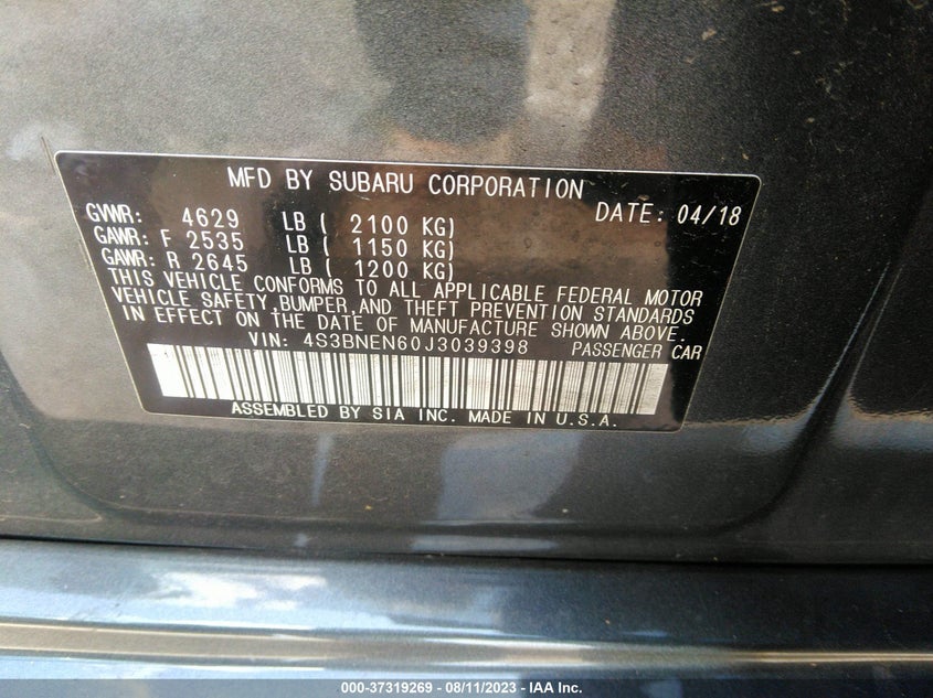 VIN 4S3BNEN60J3039398 2018 SUBARU LEGACY LIMITED