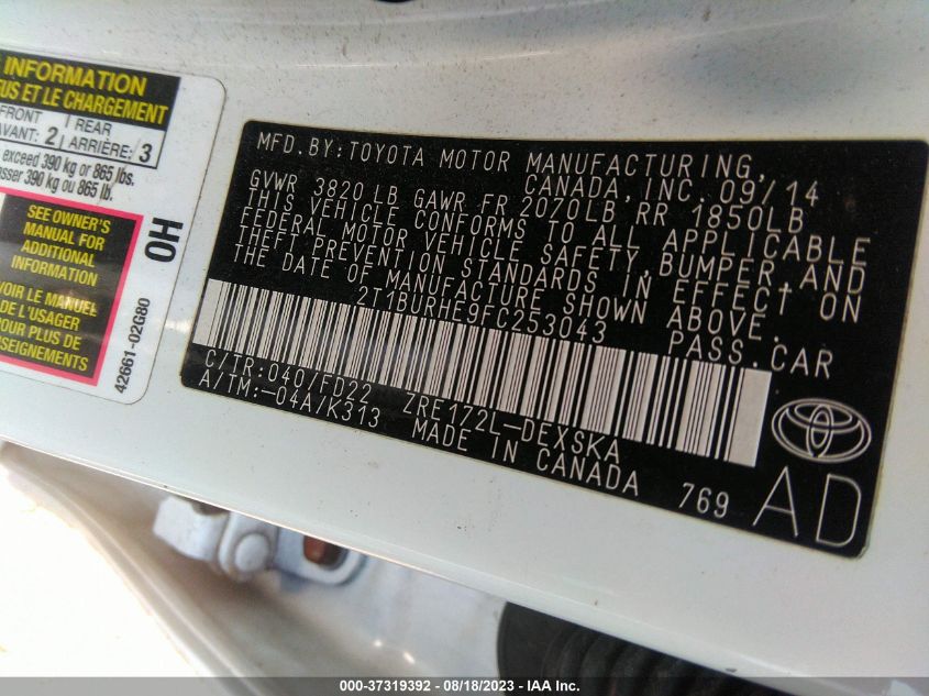 2015 TOYOTA COROLLA L/LE/S/S PLUS/LE PLUS - 2T1BURHE9FC253043