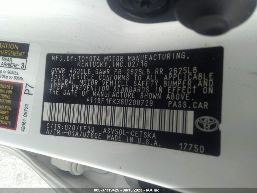 2016 TOYOTA CAMRY XLE/SE/LE/XSE - 4T1BF1FK3GU200729
