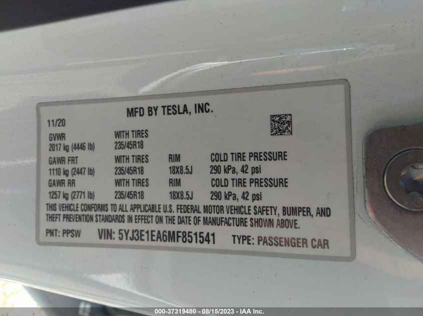 2021 TESLA MODEL 3 STANDARD RANGE PLUS - 5YJ3E1EA6MF851541