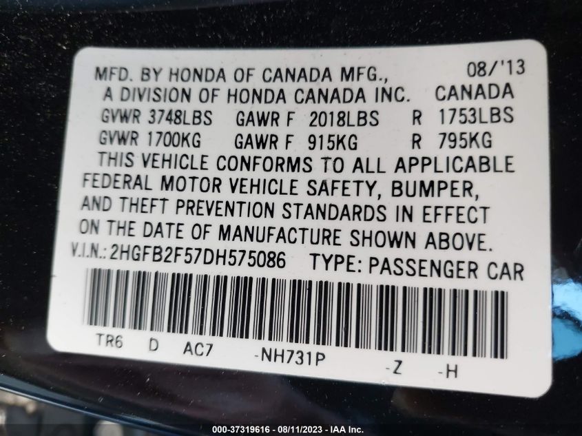 2013 HONDA CIVIC SDN LX - 2HGFB2F57DH575086