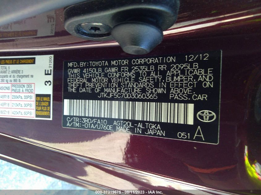 2013 TOYOTA SCION TC JTKJF5C70D3060365
