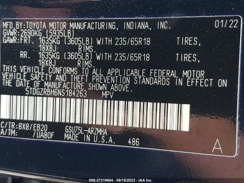 2022 TOYOTA HIGHLANDER XLE - 5TDGZRBH6NS184263