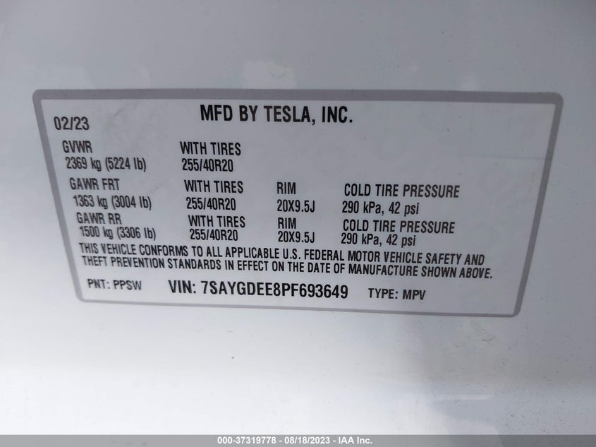 VIN 7SAYGDEE8PF693649 2023 TESLA MODEL Y LONG RANGE