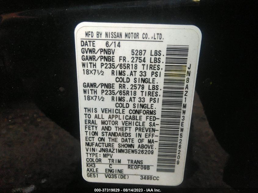 2014 NISSAN MURANO S/SL/SV/LE - JN8AZ1MW3EW526209