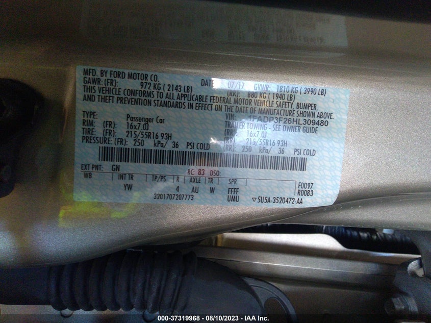 VIN 1FADP3F26HL309480 2017 FORD FOCUS SE