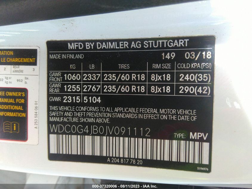 2018 MERCEDES-BENZ GLC GLC 300 - WDC0G4JB0JV091112