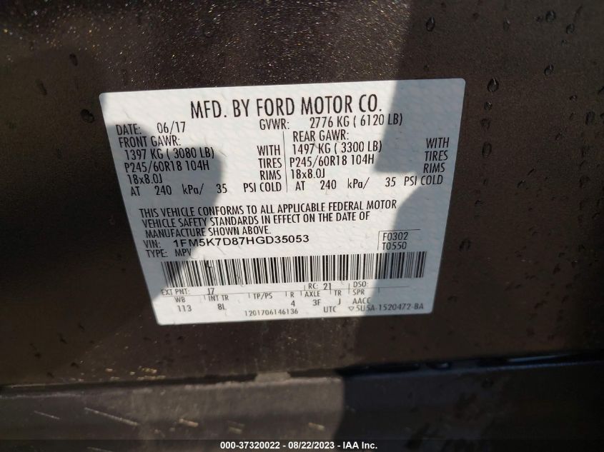 2017 FORD EXPLORER XLT - 1FM5K7D87HGD35053