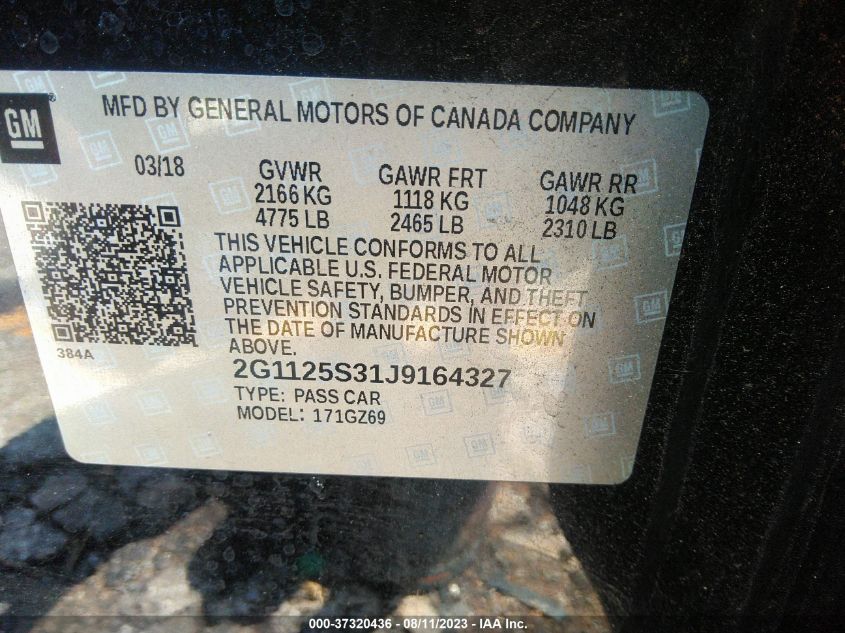 2018 CHEVROLET IMPALA PREMIER - 2G1125S31J9164327