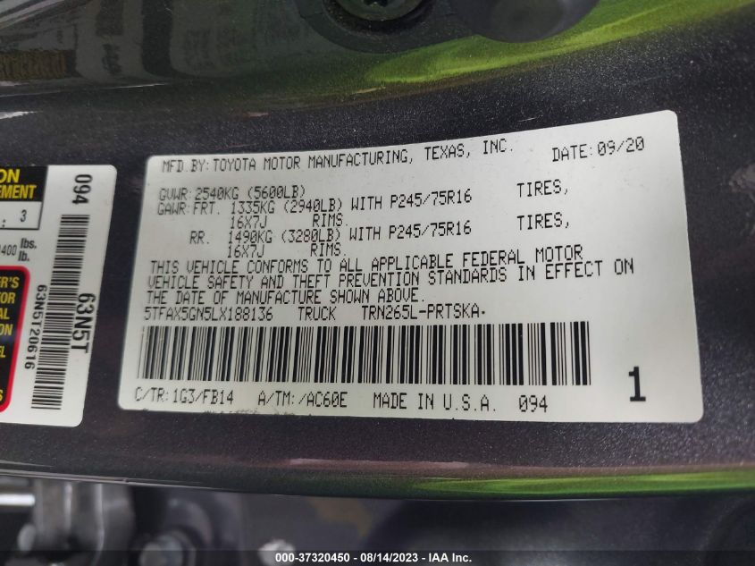 2020 TOYOTA TACOMA 2WD SR/SR5 - 5TFAX5GN5LX188136