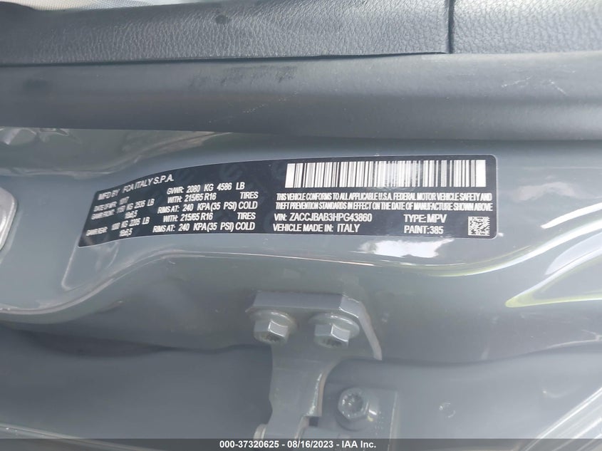 VIN ZACCJBAB3HPG43860 2017 JEEP RENEGADE SPORT