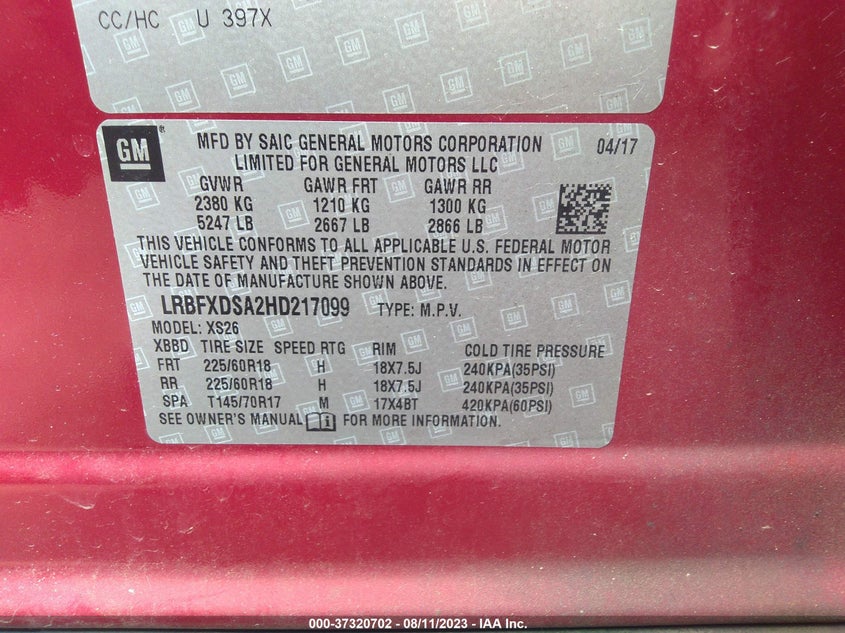 VIN LRBFXDSA2HD217099 2017 BUICK ENVISION ESSENCE