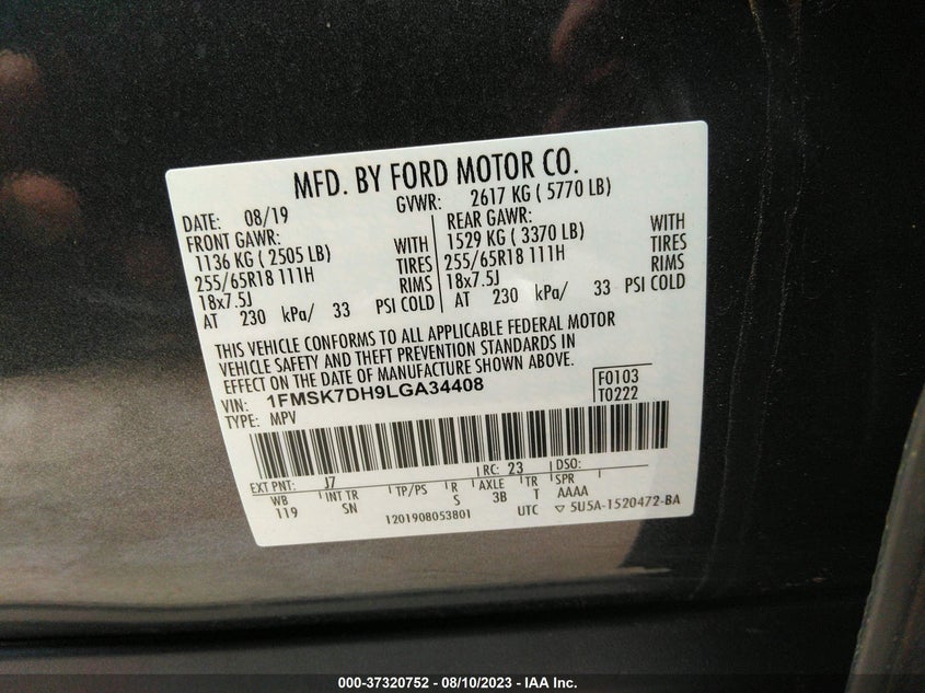 VIN 1FMSK7DH9LGA34408 2020 FORD EXPLORER XLT