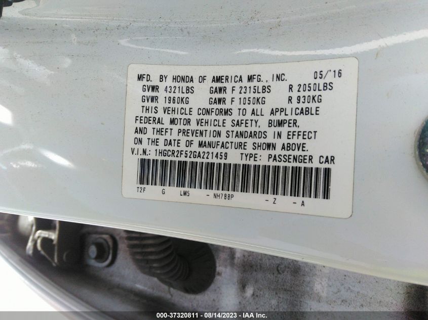 2016 HONDA ACCORD SEDAN SPORT - 1HGCR2F52GA221459