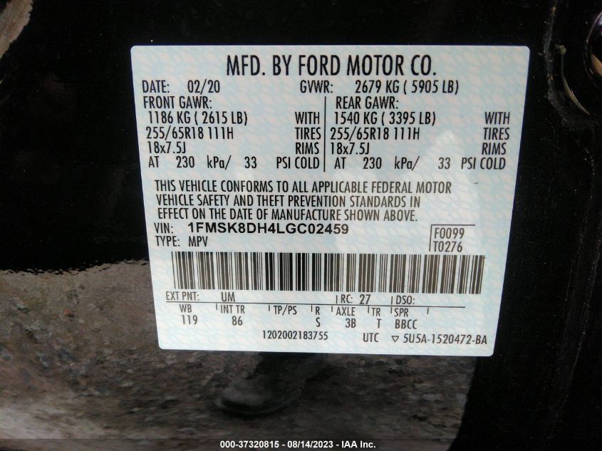 2020 FORD EXPLORER XLT - 1FMSK8DH4LGT02459