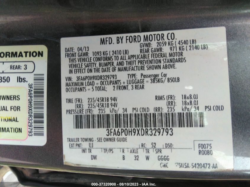 2013 FORD FUSION SE - 3FA6P0H9XDR329793