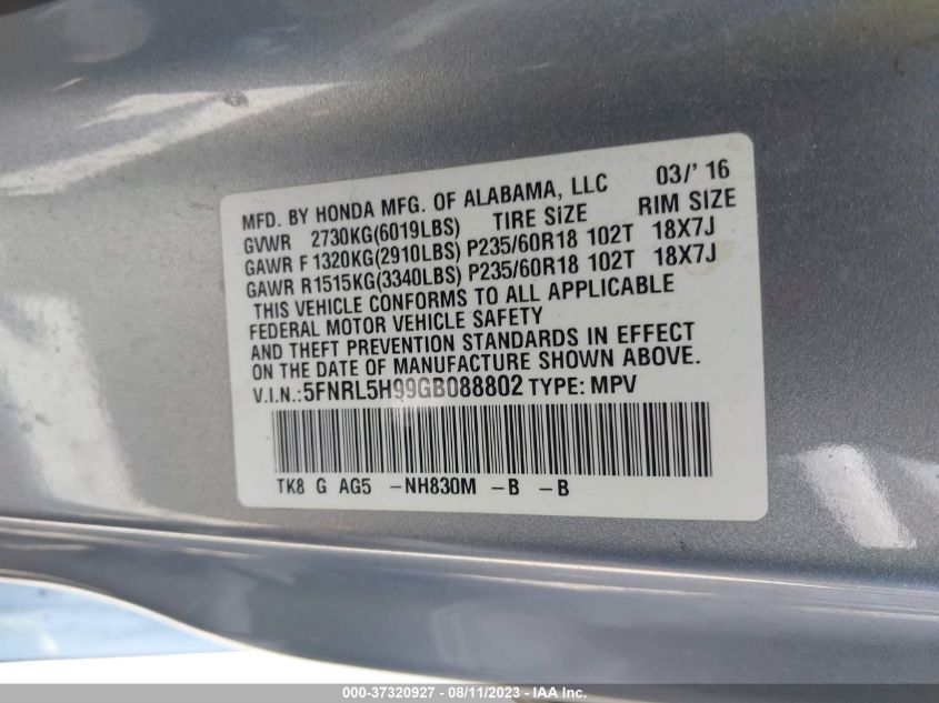 5FNRL5H99GB088802 2016 HONDA ODYSSEY, photo no. 9