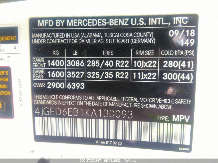 2019 MERCEDES-BENZ GLE AMG GLE 43 - 4JGED6EB1KA130093