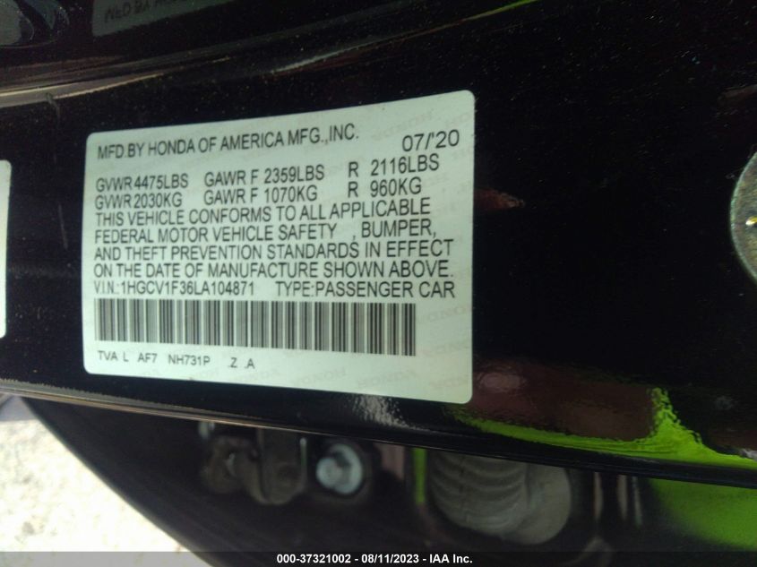 2020 HONDA ACCORD SEDAN SPORT - 1HGCV1F36LA104871