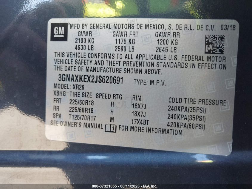 VIN 3GNAXKEX2JS620691 2018 CHEVROLET EQUINOX LT