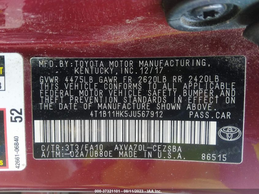 2018 TOYOTA CAMRY L/LE/XLE/SE/XSE - 4T1B11HK5JU567912