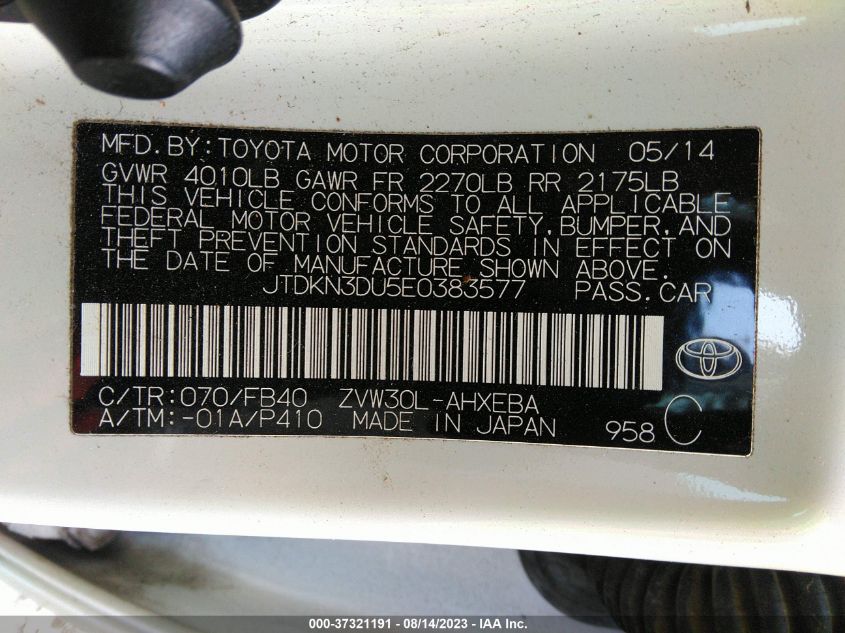 2014 TOYOTA PRIUS - JTDKN3DU5E0383577