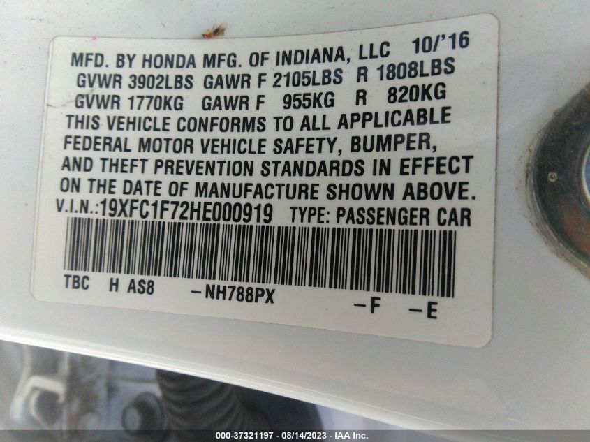 2017 HONDA CIVIC EX-L - 19XFC1F72HE000919