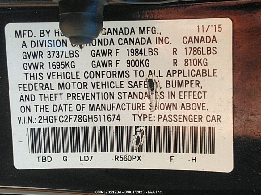 2016 HONDA CIVIC SEDAN EX - 2HGFC2F78GH511674