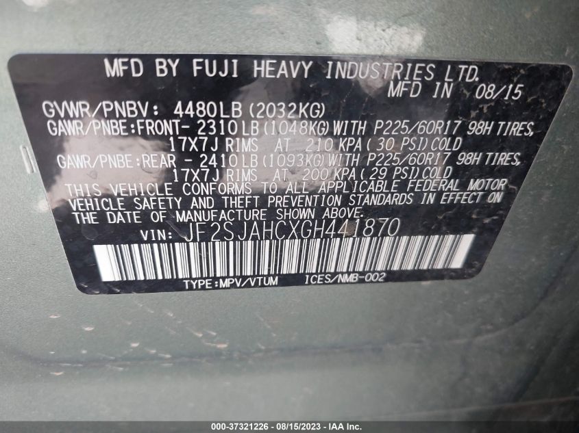 2016 SUBARU FORESTER 2.5I LIMITED - JF2SJAHCXGH441870