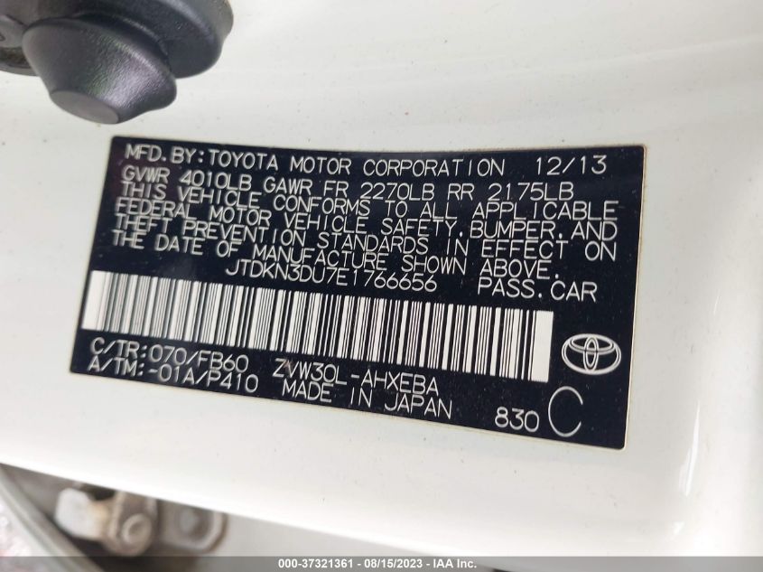 2014 TOYOTA PRIUS FOUR/FIVE/THREE/ONE/TWO - JTDKN3DU7E1766656