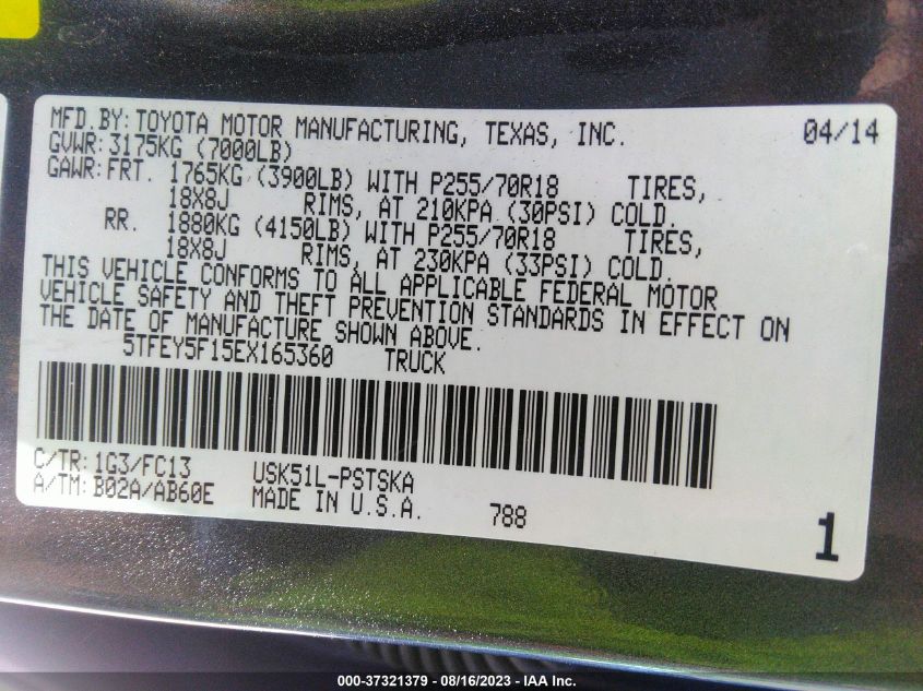 2014 TOYOTA TUNDRA 2WD TRUCK SR5 5TFEY5F15EX165360