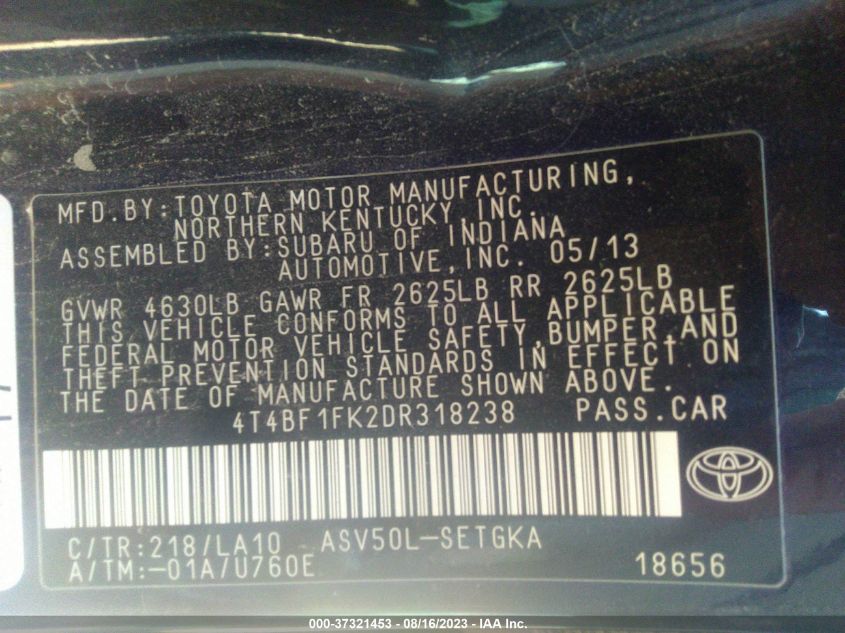 2013 TOYOTA CAMRY L/LE/SE/XLE - 4T4BF1FK2DR318238