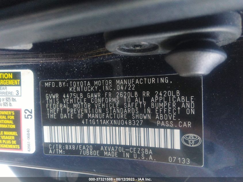 2022 TOYOTA CAMRY SE - 4T1G11AKXNU048327