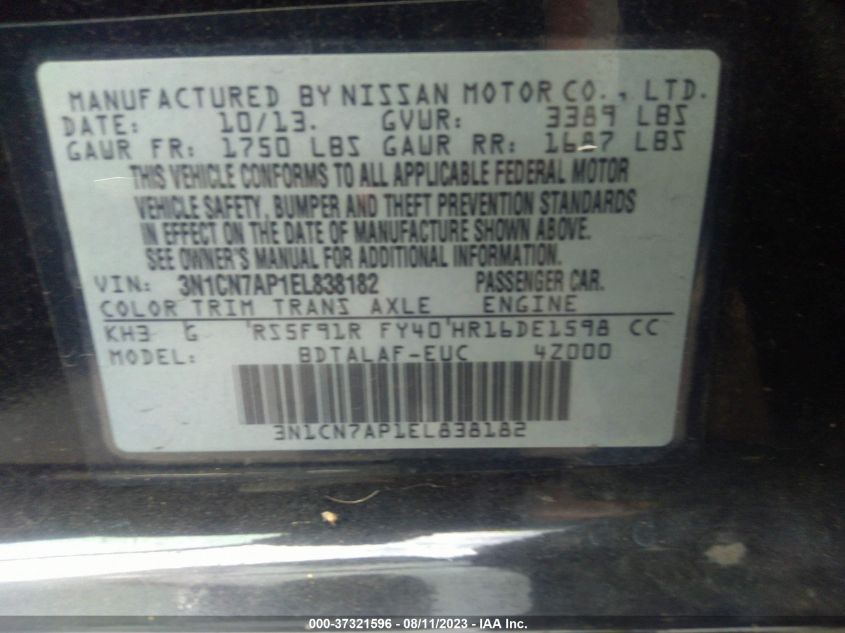 2014 NISSAN VERSA S/S PLUS/SV/SL - 3N1CN7AP1EL838182
