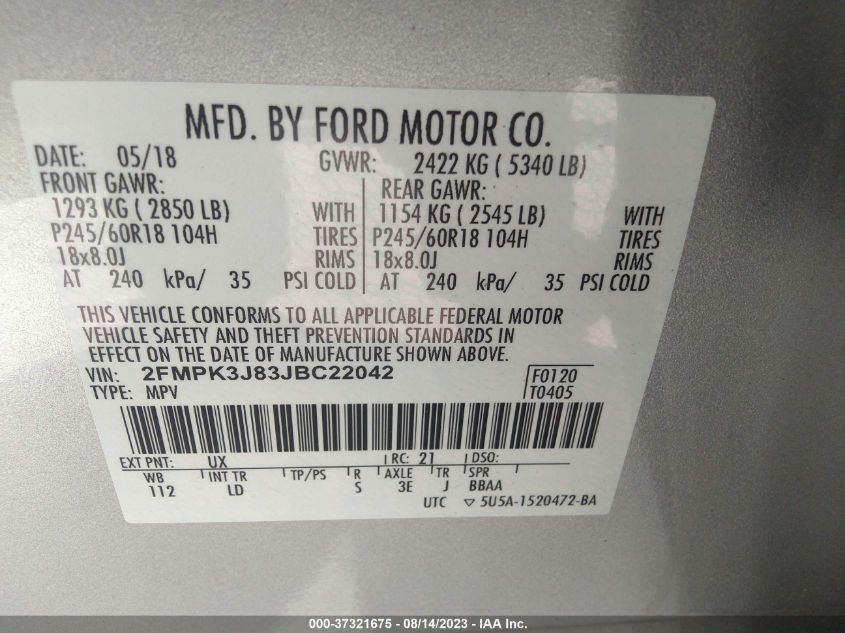 2FMPK3J83JBC22042 2018 FORD EDGE, photo no. 9