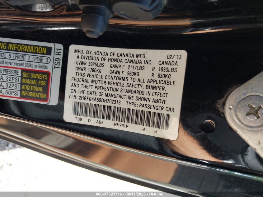 2013 HONDA CIVIC CPE SI 2HGFG4A59DH702313