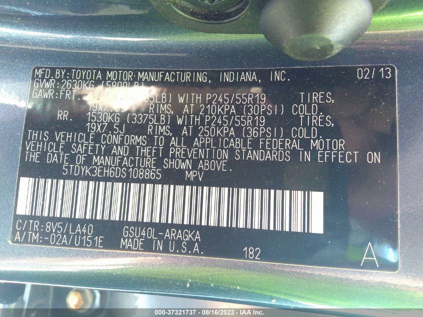 2013 TOYOTA HIGHLANDER LIMITED - 5TDYK3EH6DS108865