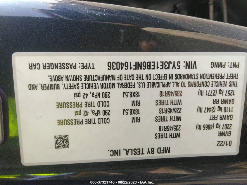 VIN 5YJ3E1EB6NF164036 2022 TESLA MODEL 3 LONG RANGE