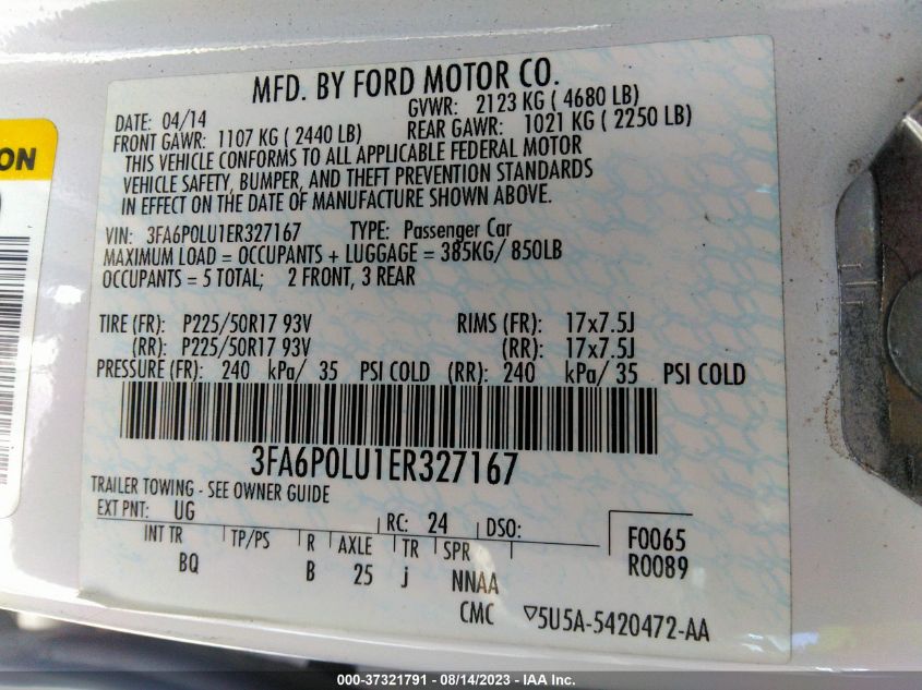 2014 FORD FUSION SE HYBRID - 3FA6P0LU1ER327167