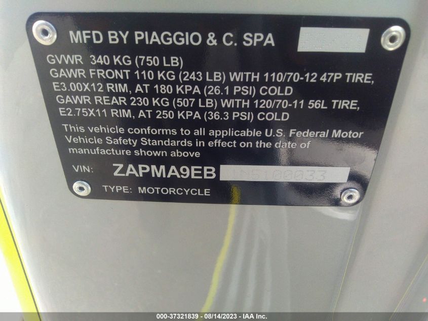 2022 VESPA ELETTRICA ZAPMA9EB1N5100033