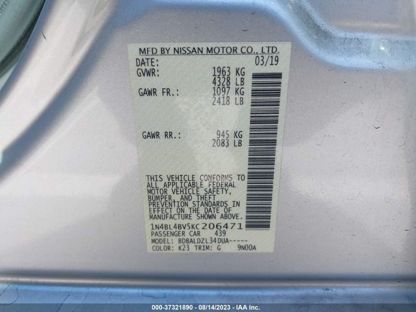 2019 NISSAN ALTIMA 2.5 S - 1N4BL4BV5KC206471