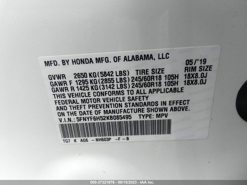 2019 HONDA PILOT EX-L - 5FNYF6H52KB085495