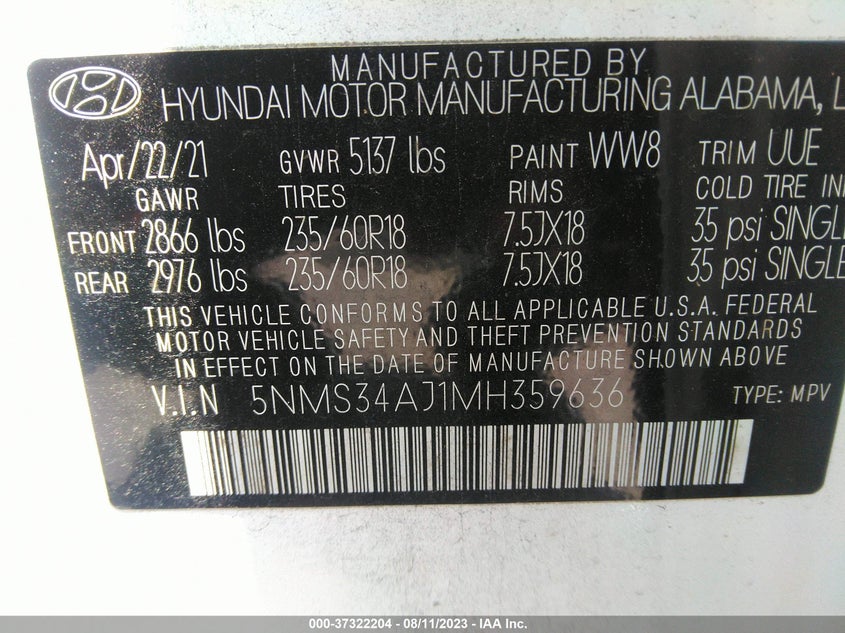 VIN 5NMS34AJ1MH359636 2021 HYUNDAI SANTA FE SEL