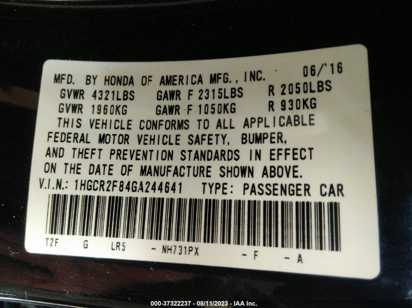 2016 HONDA ACCORD SEDAN EX-L - 1HGCR2F84GA244641