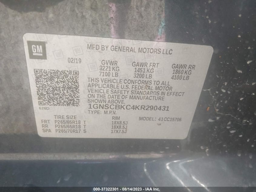 2019 CHEVROLET TAHOE LT - 1GNSCBKC4KR290431