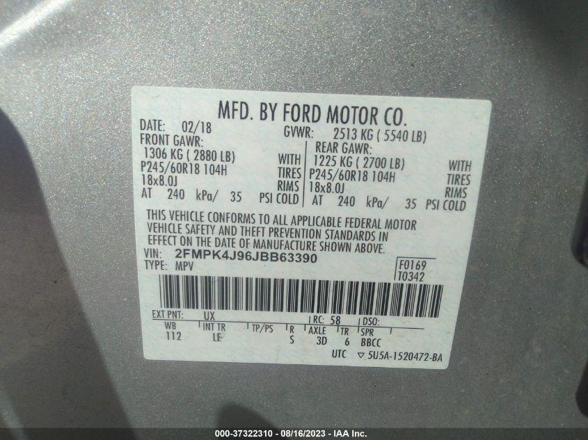 2FMPK4J96JBB63390 2018 FORD EDGE, photo no. 9