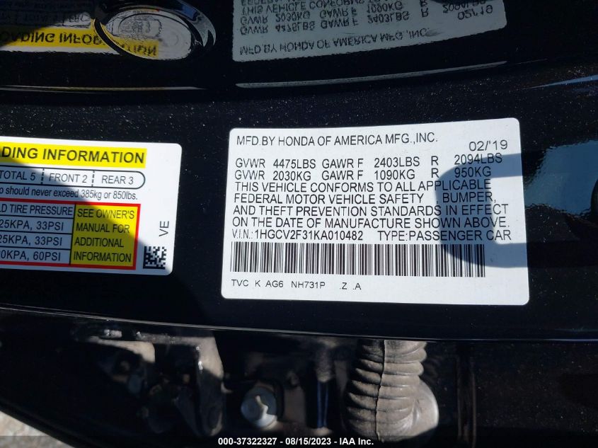 1HGCV2F31KA010482 Honda Accord SPORT 9