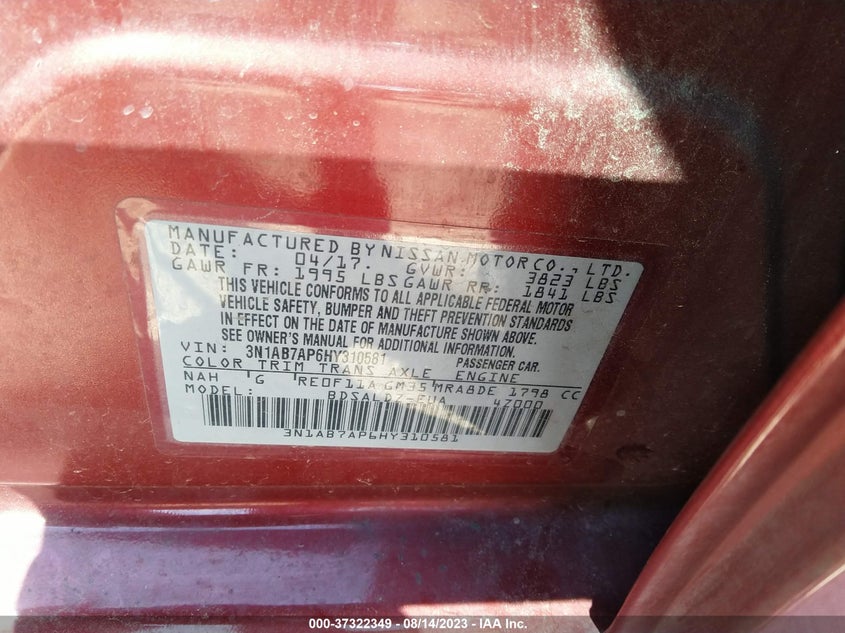 VIN 3N1AB7AP6HY310581 2017 NISSAN SENTRA SV
