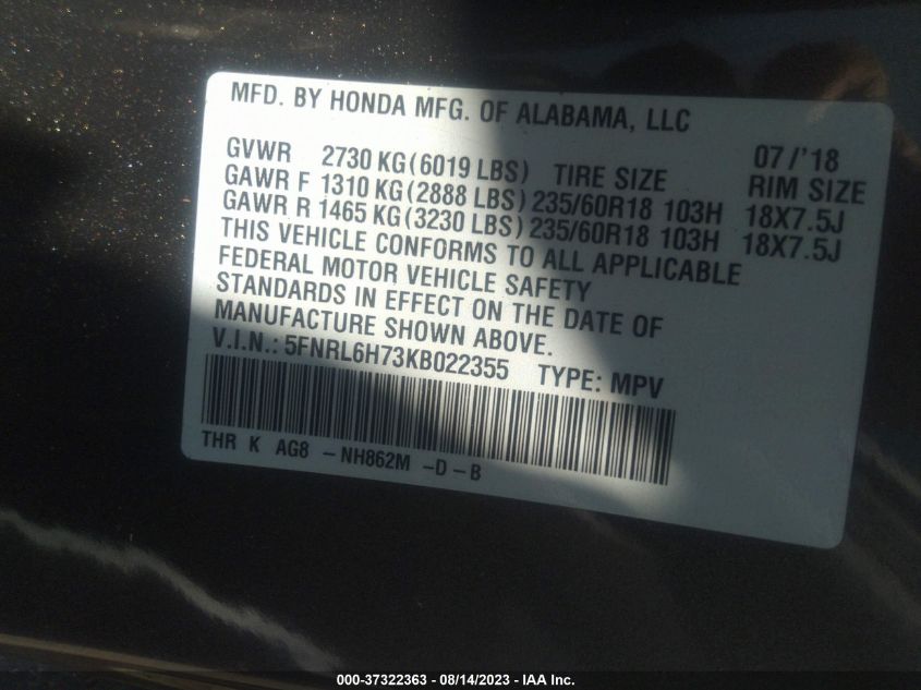 2019 HONDA ODYSSEY EXL - 5FNRL6H73KB022355